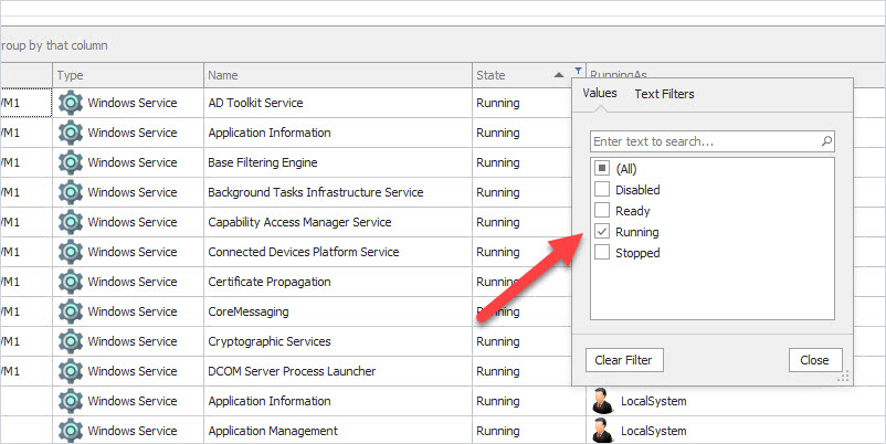 Report filtered to show only the tasks and services currently running