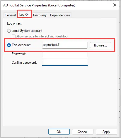 windows service log on