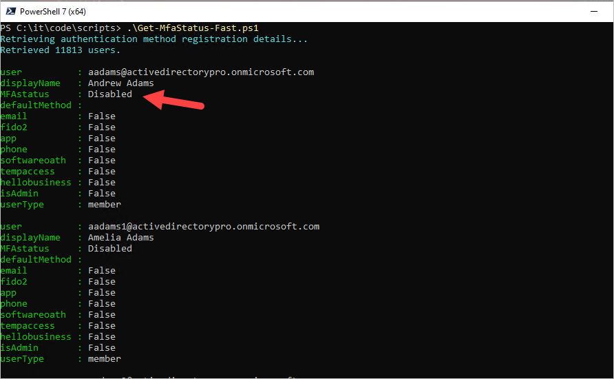 Script output listing each user's MFA status and registered methods