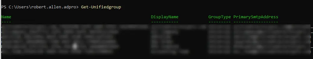 Get-UnifiedGroup output listing the Microsoft 365 groups in the tenant