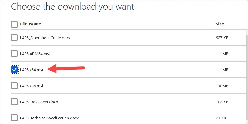 Microsoft download page for LAPS with the 64-bit LAPS.x64.msi file selected