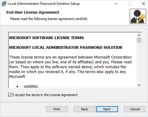 LAPS setup wizard license agreement screen with the terms accepted