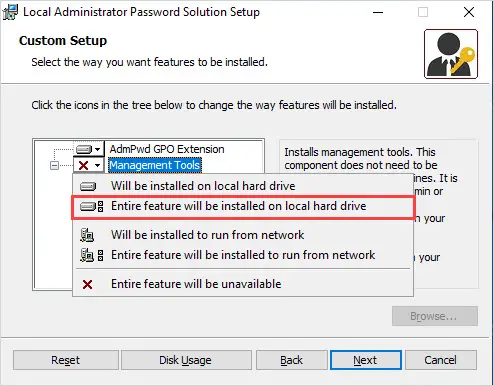 LAPS custom setup screen with Management Tools set to install the entire feature on the local hard drive