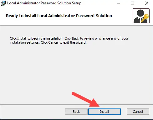 Ready to install screen of the LAPS setup wizard with the Install button