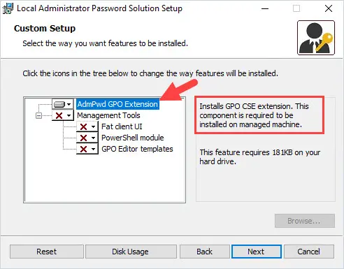 LAPS setup on a client computer with only the AdmPwd GPO Extension feature selected