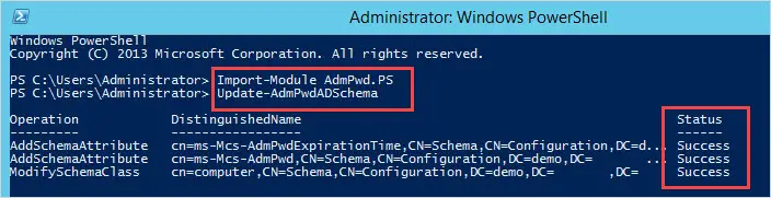 PowerShell running Update-AdmPwdADSchema and returning a status of Success for the new attributes