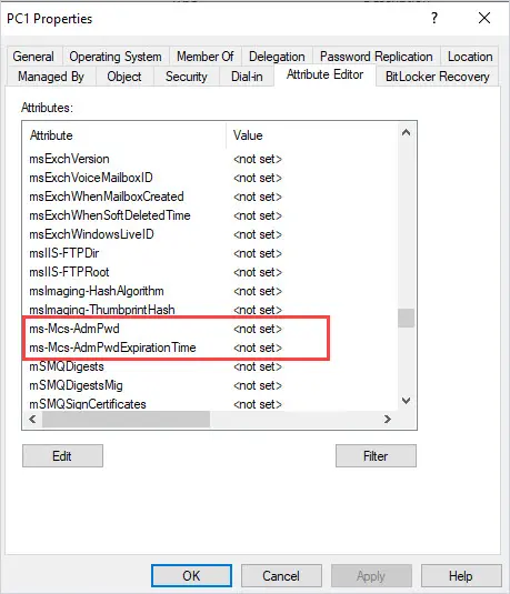 Attribute editor of a computer object showing the new ms-Mcs-AdmPwd and ms-Mcs-AdmPwdExpirationTime attributes
