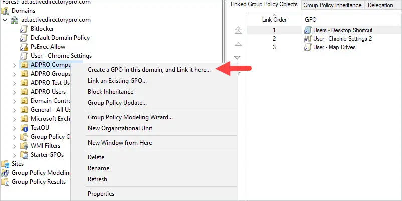 Group Policy Management console creating a new GPO on the OU that contains the computers