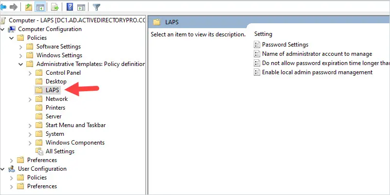 Group Policy editor browsed to Computer Configuration, Policies, Administrative Templates, LAPS