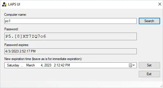 LAPS UI showing the local administrator password and expiration date