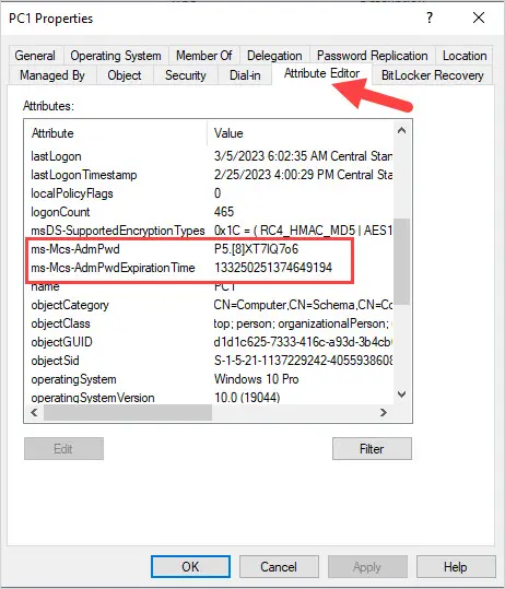 Attribute editor of a computer object with the ms-Mcs-AdmPwd value and the expiration time in raw format
