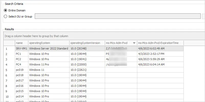 AD Pro Toolkit LAPS passwords report listing the stored password for every computer