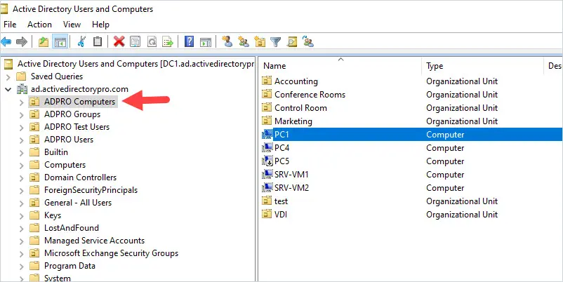 Active Directory Users and Computers showing the ADPRO Computers OU that holds the computer objects