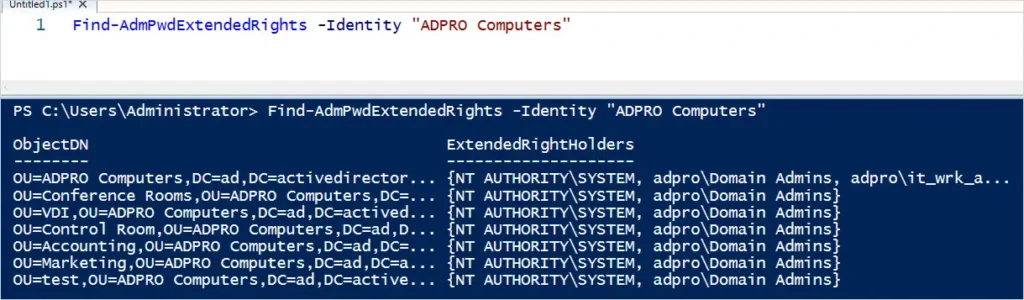 Find-AdmPwdExtendedRights output listing Domain Admins and it_wrk_admins with extended rights
