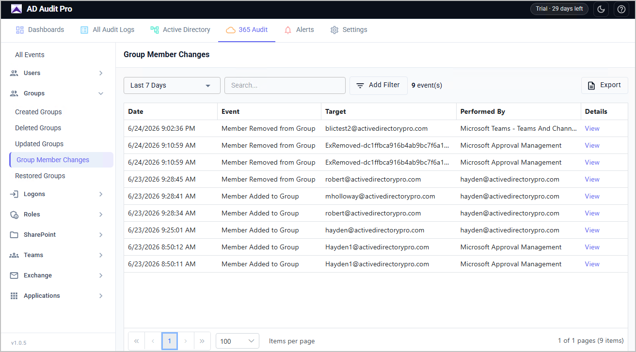 audit 365 group membership changes