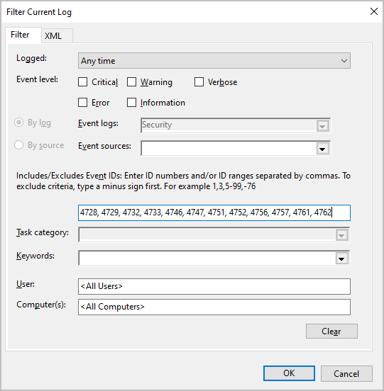 filter for specific event ids