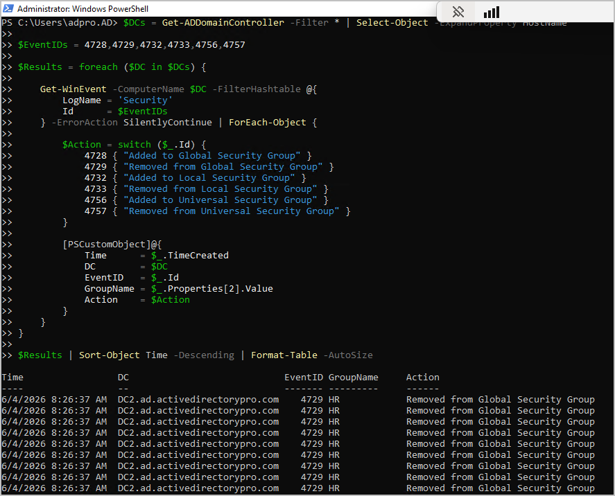 powershell get group changes