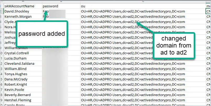 Exported user CSV with a password column added and the OU paths updated