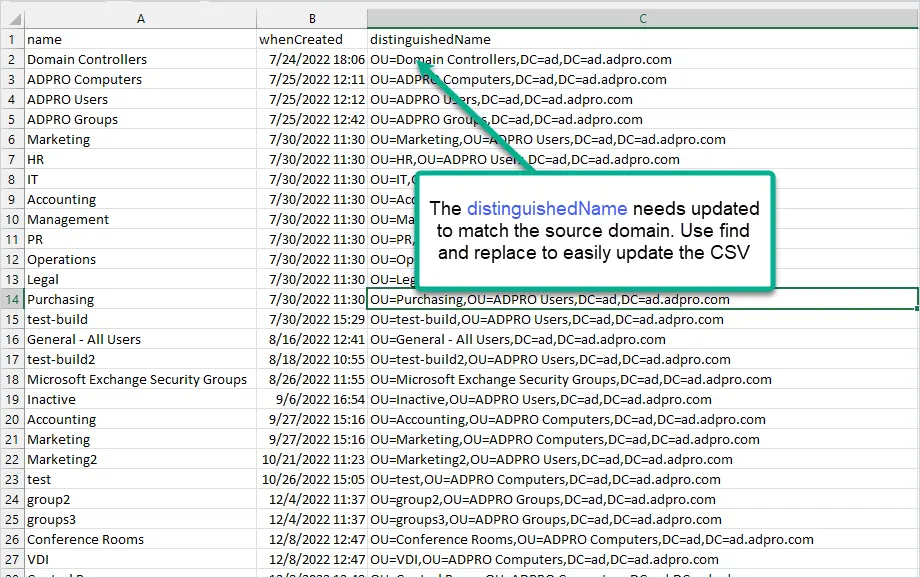 CSV of OU paths after the replace, now pointing at the destination domain