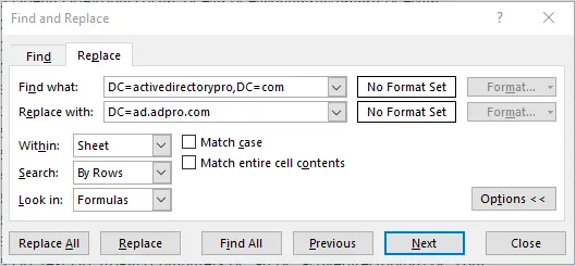 Excel find and replace dialog swapping the source domain path for the destination one