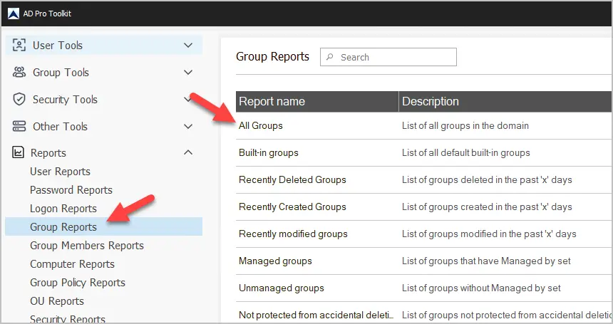 Group Reports menu with the All Groups report selected
