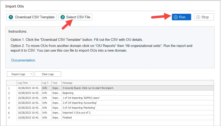 Import OUs tool on the destination domain with the CSV selected