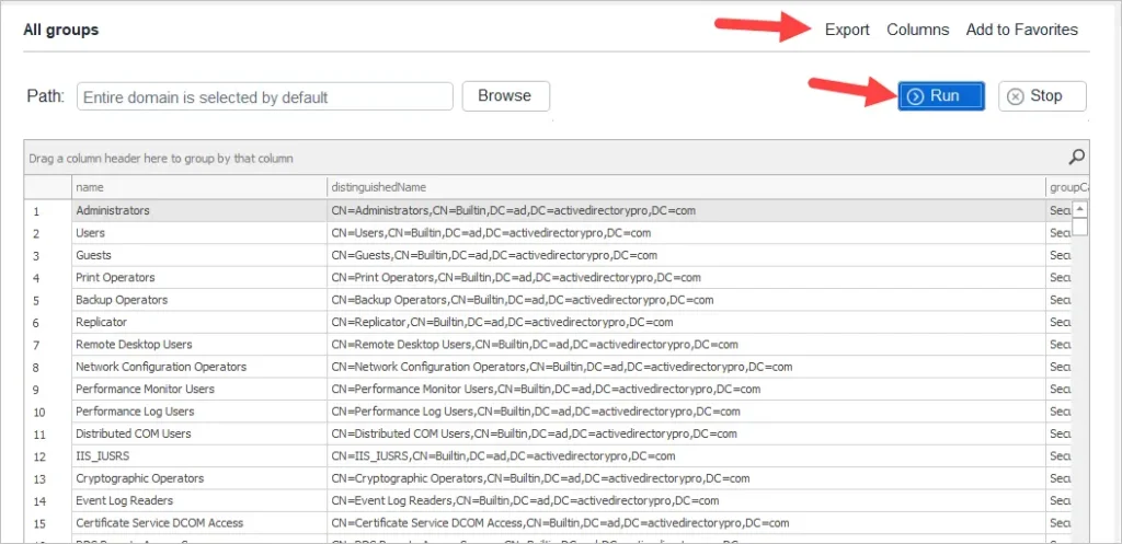 All Groups report results ready to export to CSV