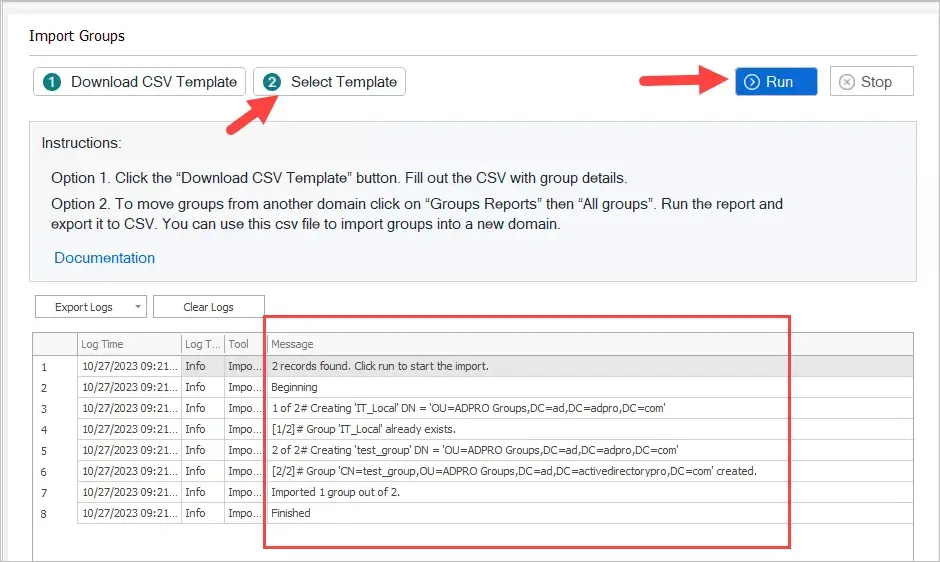 Create Groups tool on the destination domain with the CSV selected