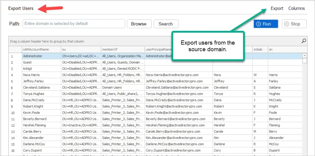 Export users tool on the source domain with its default attribute columns