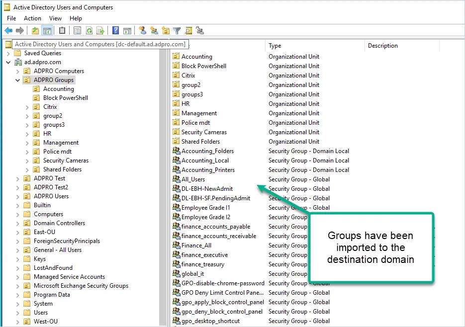 Destination domain showing the groups created by the import