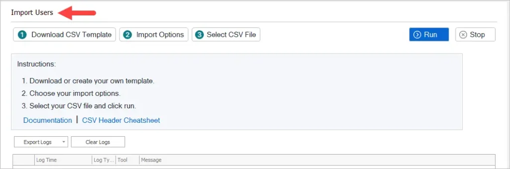 Import users tool on the destination domain with the CSV and import options set