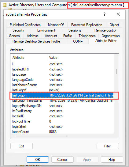 attribute editor on DC1 showing the user's lastLogon of non-replicated attribute