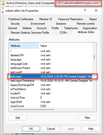 attribute editor on DC2 showing the user's lastLogon of non-replicated attribute