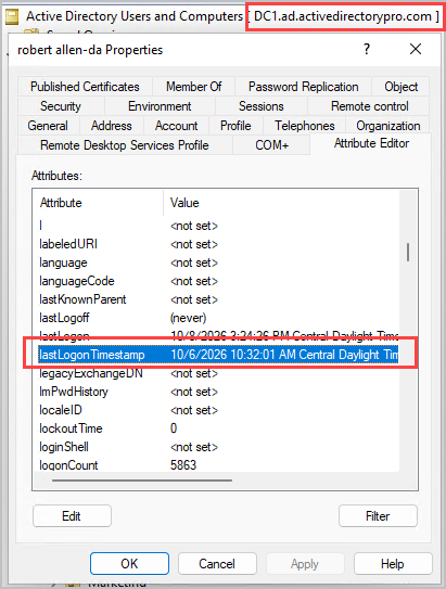 attribute editor on DC1 showing the user's lastLogonTimestamp of a replicated attribute