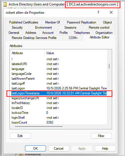 attribute editor on DC2 showing the user's lastLogonTimestamp of a replicated attribute