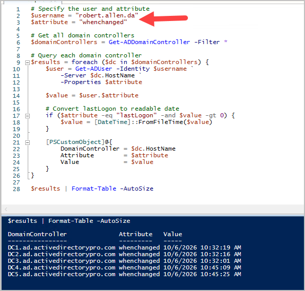 powershell example checking non-replicated attribute on all domain controllers