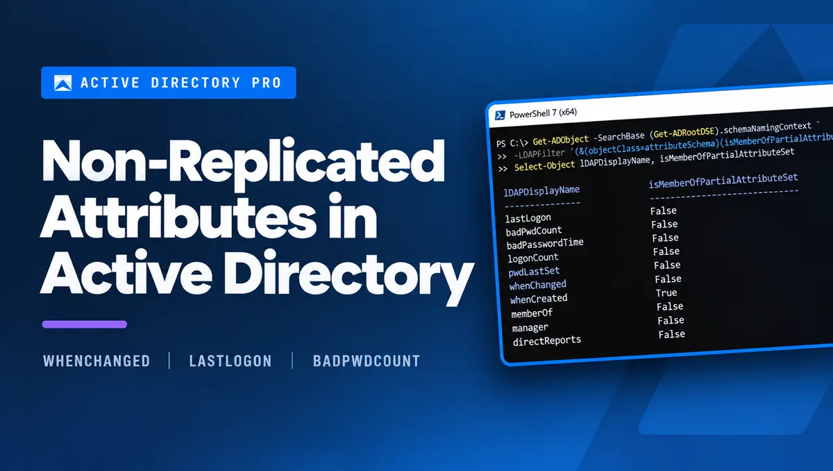 Non-Replicated Attributes in Active Directory title beside a PowerShell window listing lastLogon, badPwdCount and other attributes