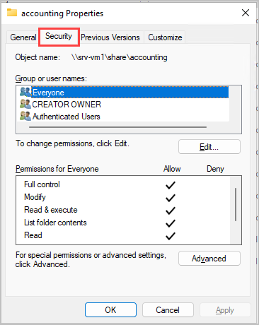 Security tab of a folder showing its NTFS permissions