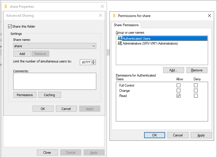 Share permissions dialog reached through Advanced Sharing