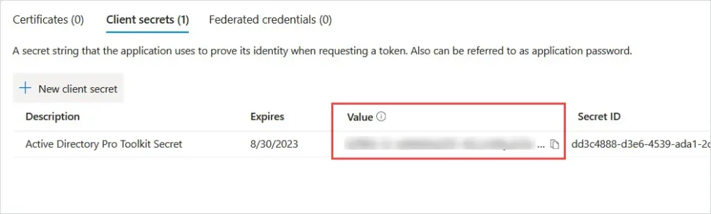 Client secret listed with the Value column highlighted next to the Secret ID column