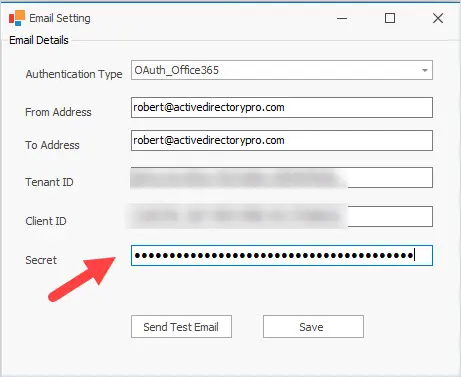 Application email settings with the client secret value pasted into the secret field