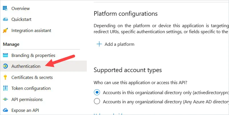 App registration left menu with Authentication selected