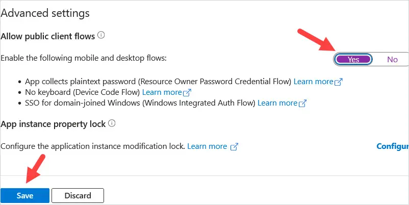 Advanced settings with Allow public client flows toggled to Yes