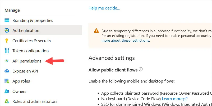 App registration left menu with API permissions selected