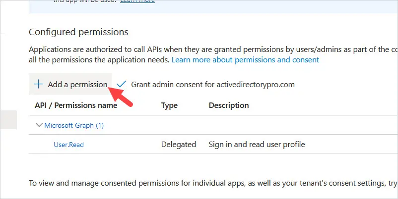 API permissions page with the Add a permission button