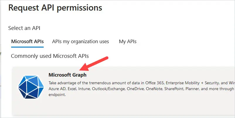 Request API permissions panel with Microsoft Graph selected