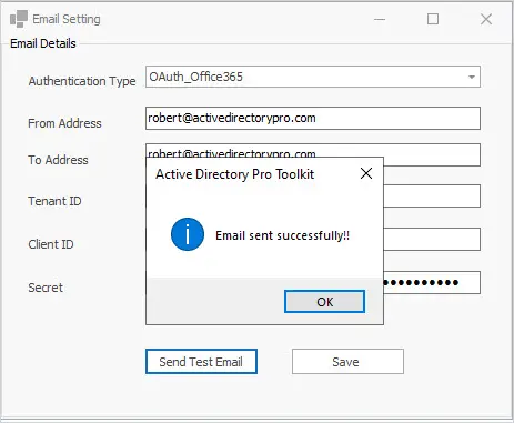 Application email settings sending a successful test email using OAuth