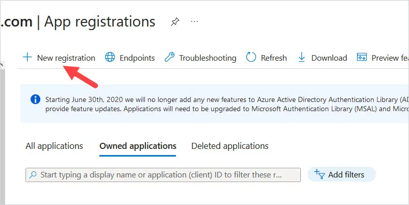 App registrations page on the Owned applications tab with the New registration button