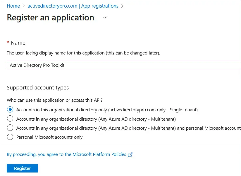 Register an application form with a name entered and single tenant accounts selected