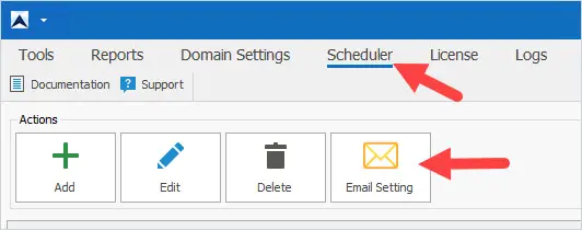 AD Pro Toolkit scheduler menu with email settings selected